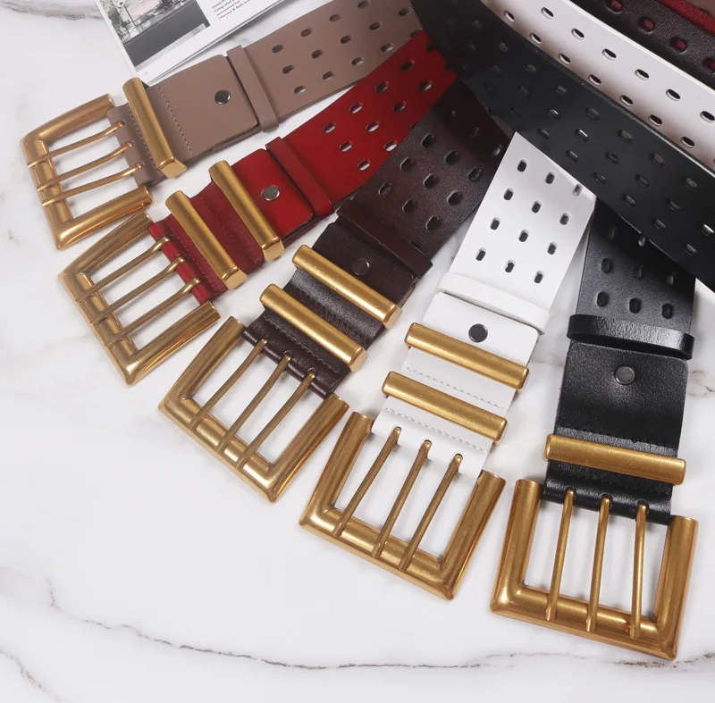 Genuine Leather Waist Seal Wide Eye Belts Lady's Three-row Needle Buckle Waist Seal Pure Cowhide Bronze Buckle Wide Belt