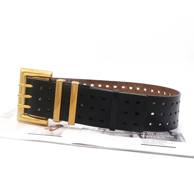 Genuine Leather Waist Seal Wide Eye Belts Lady's Three-row Needle Buckle Waist Seal Pure Cowhide Bronze Buckle Wide Belt
