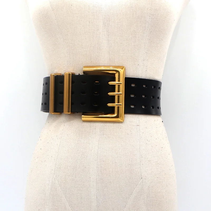 Genuine Leather Waist Seal Wide Eye Belts Lady's Three-row Needle Buckle Waist Seal Pure Cowhide Bronze Buckle Wide Belt