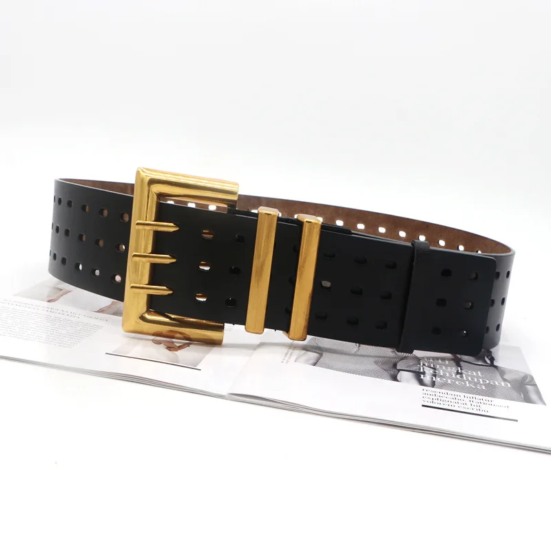 Genuine Leather Waist Seal Wide Eye Belts Lady's Three-row Needle Buckle Waist Seal Pure Cowhide Bronze Buckle Wide Belt