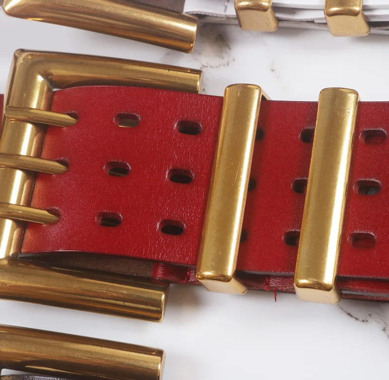 Genuine Leather Waist Seal Wide Eye Belts Lady's Three-row Needle Buckle Waist Seal Pure Cowhide Bronze Buckle Wide Belt