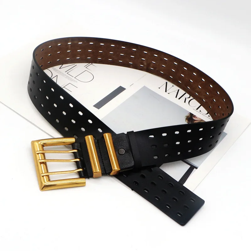 Genuine Leather Waist Seal Wide Eye Belts Lady's Three-row Needle Buckle Waist Seal Pure Cowhide Bronze Buckle Wide Belt