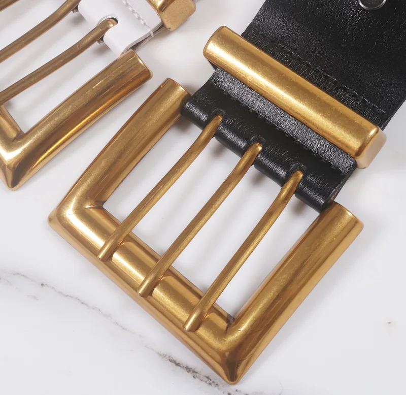Genuine Leather Waist Seal Wide Eye Belts Lady's Three-row Needle Buckle Waist Seal Pure Cowhide Bronze Buckle Wide Belt
