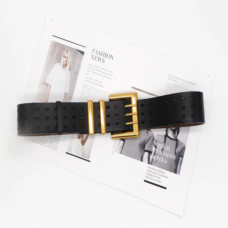 Genuine Leather Waist Seal Wide Eye Belts Lady's Three-row Needle Buckle Waist Seal Pure Cowhide Bronze Buckle Wide Belt