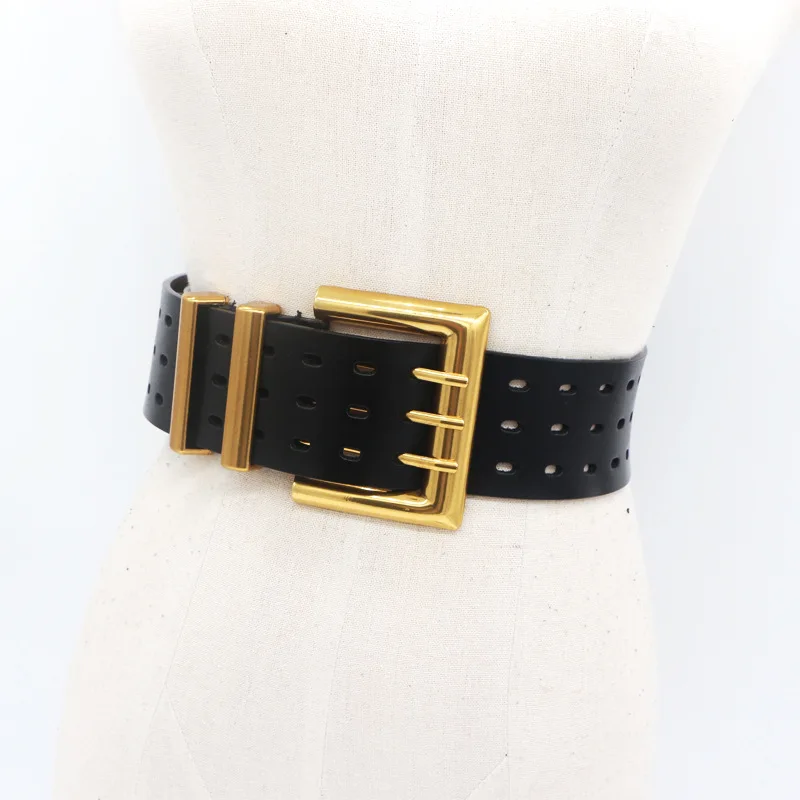 Genuine Leather Waist Seal Wide Eye Belts Lady's Three-row Needle Buckle Waist Seal Pure Cowhide Bronze Buckle Wide Belt
