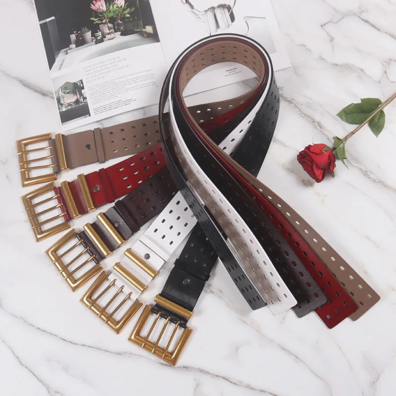 Genuine Leather Waist Seal Wide Eye Belts Lady's Three-row Needle Buckle Waist Seal Pure Cowhide Bronze Buckle Wide Belt