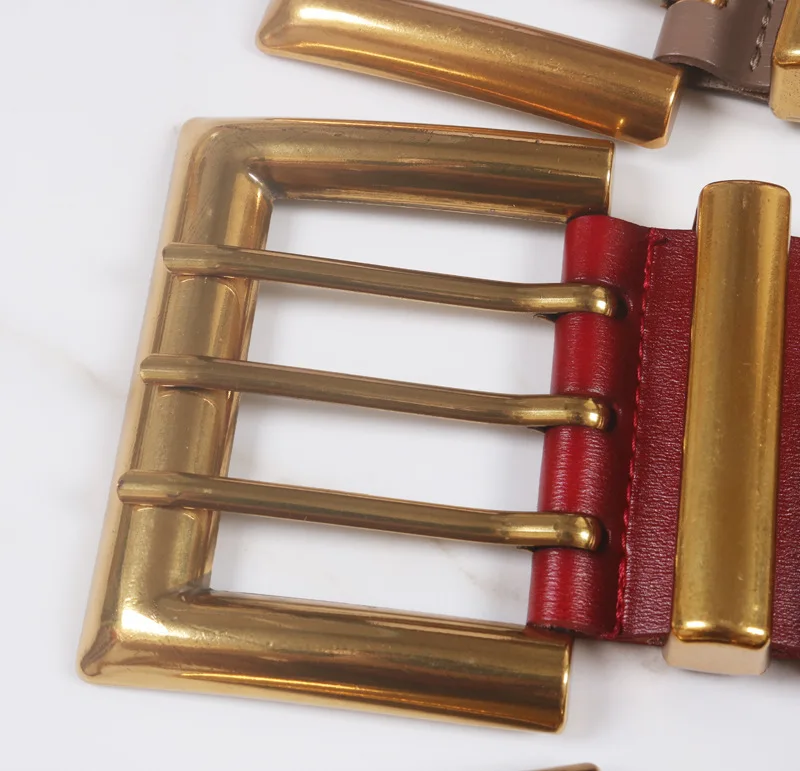 Genuine Leather Waist Seal Wide Eye Belts Lady's Three-row Needle Buckle Waist Seal Pure Cowhide Bronze Buckle Wide Belt
