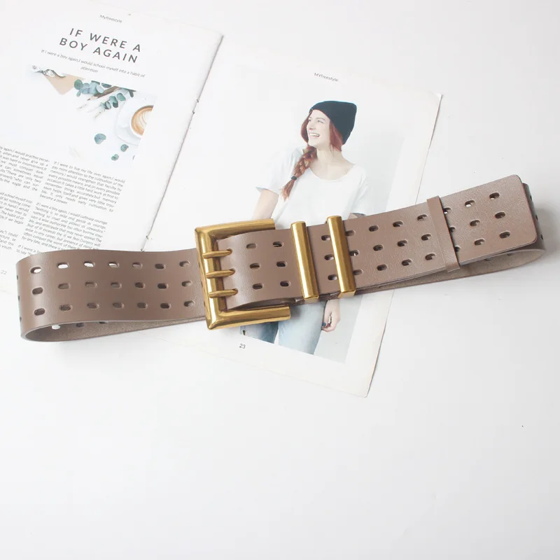 Genuine Leather Waist Seal Wide Eye Belts Lady's Three-row Needle Buckle Waist Seal Pure Cowhide Bronze Buckle Wide Belt