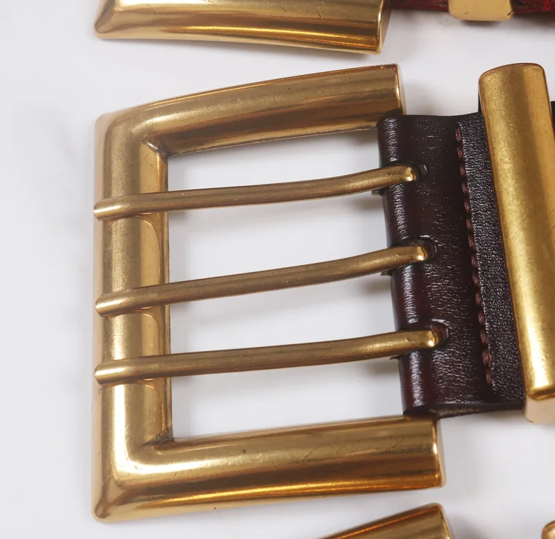 Genuine Leather Waist Seal Wide Eye Belts Lady's Three-row Needle Buckle Waist Seal Pure Cowhide Bronze Buckle Wide Belt