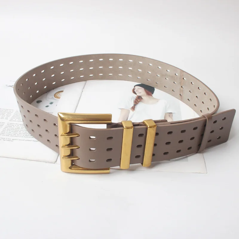 Genuine Leather Waist Seal Wide Eye Belts Lady's Three-row Needle Buckle Waist Seal Pure Cowhide Bronze Buckle Wide Belt