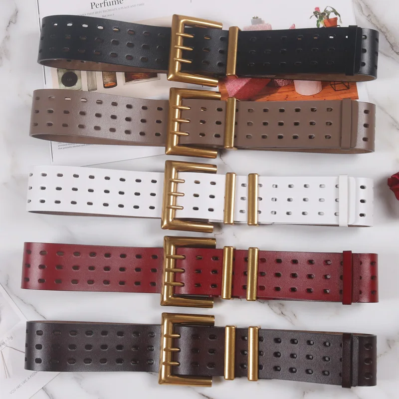 Genuine Leather Waist Seal Wide Eye Belts Lady's Three-row Needle Buckle Waist Seal Pure Cowhide Bronze Buckle Wide Belt