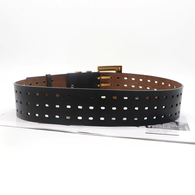 Genuine Leather Waist Seal Wide Eye Belts Lady's Three-row Needle Buckle Waist Seal Pure Cowhide Bronze Buckle Wide Belt