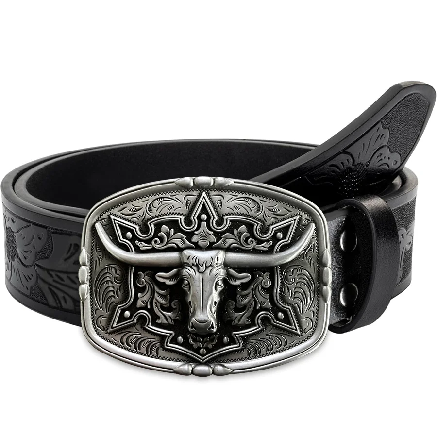 Western Cowboy Couple Style Men's Belt - Irregular Pattern Carving Flower Long Horn Cow Head Smooth Buckle Women's Belt - Countr