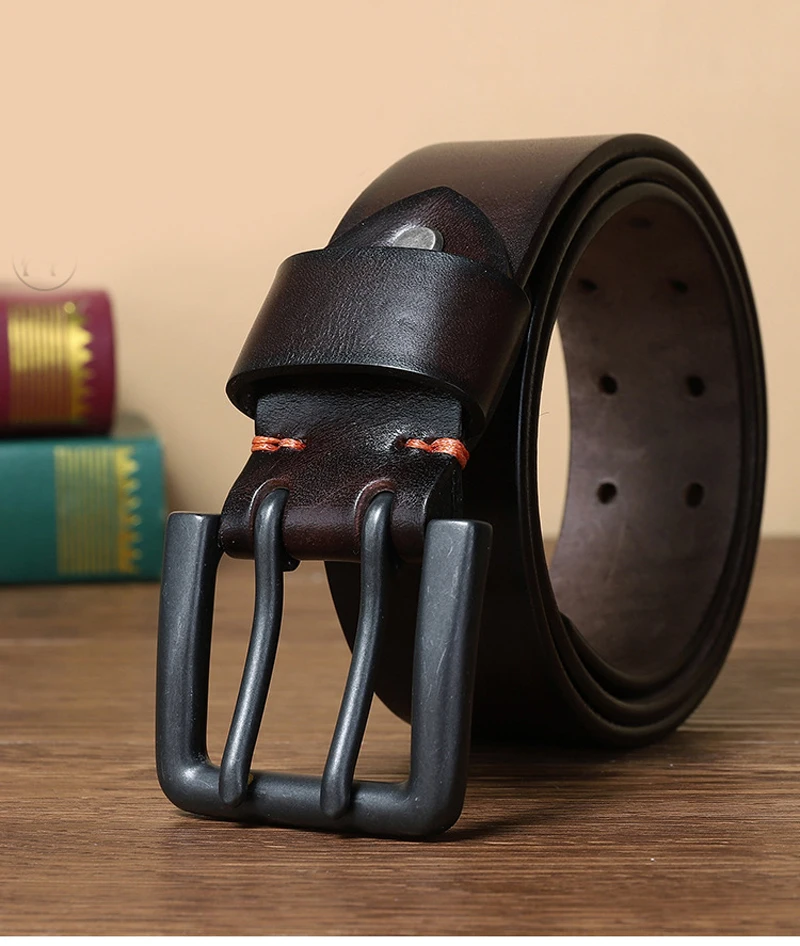 Cowskin Mens Belt Vintage Genuine Leather Jeans Belt Strap Double Pin Buckle Designer Belts for Men Male Gift 4.3cm Width Blue