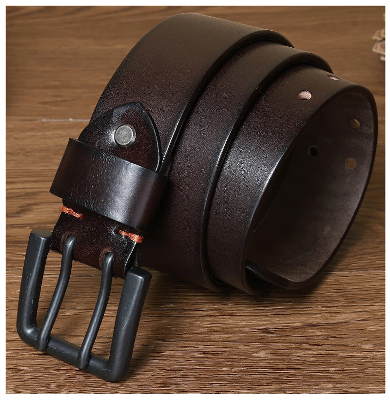 Cowskin Mens Belt Vintage Genuine Leather Jeans Belt Strap Double Pin Buckle Designer Belts for Men Male Gift 4.3cm Width Blue