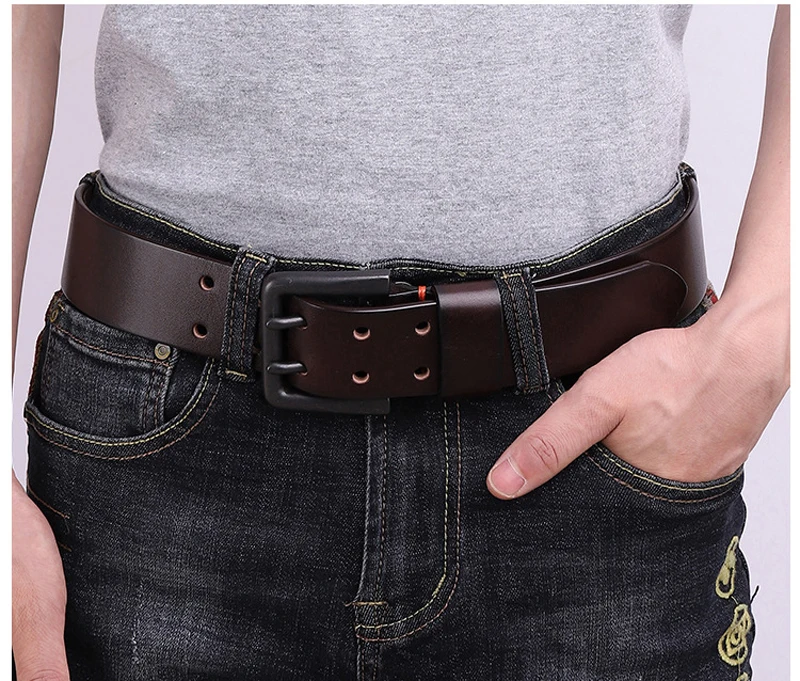 Cowskin Mens Belt Vintage Genuine Leather Jeans Belt Strap Double Pin Buckle Designer Belts for Men Male Gift 4.3cm Width Blue