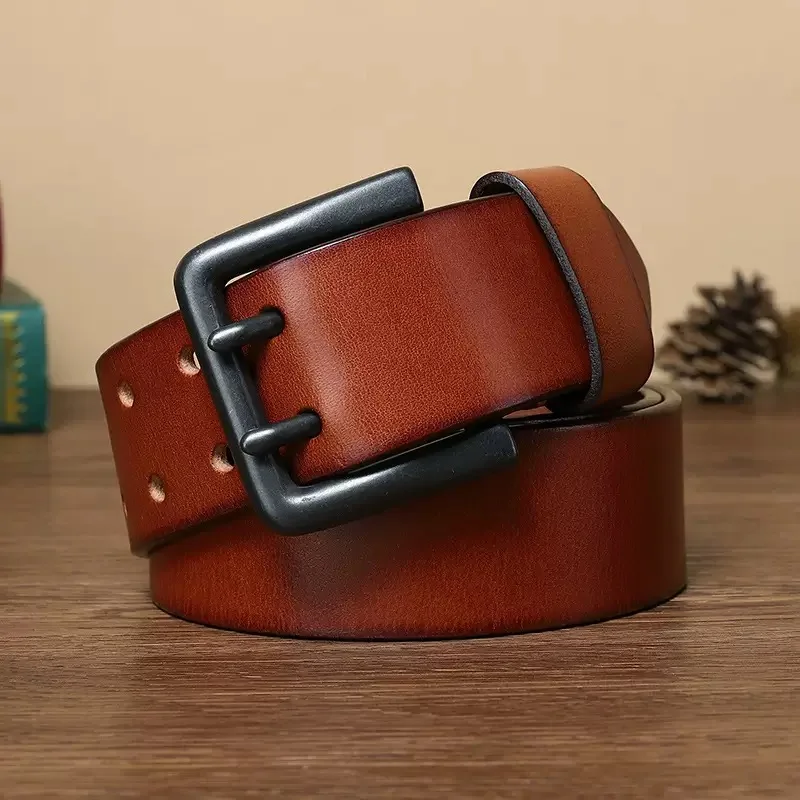 Cowskin Mens Belt Vintage Genuine Leather Jeans Belt Strap Double Pin Buckle Designer Belts for Men Male Gift 4.3cm Width Blue