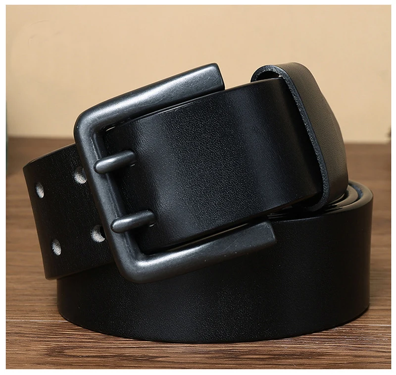 Cowskin Mens Belt Vintage Genuine Leather Jeans Belt Strap Double Pin Buckle Designer Belts for Men Male Gift 4.3cm Width Blue