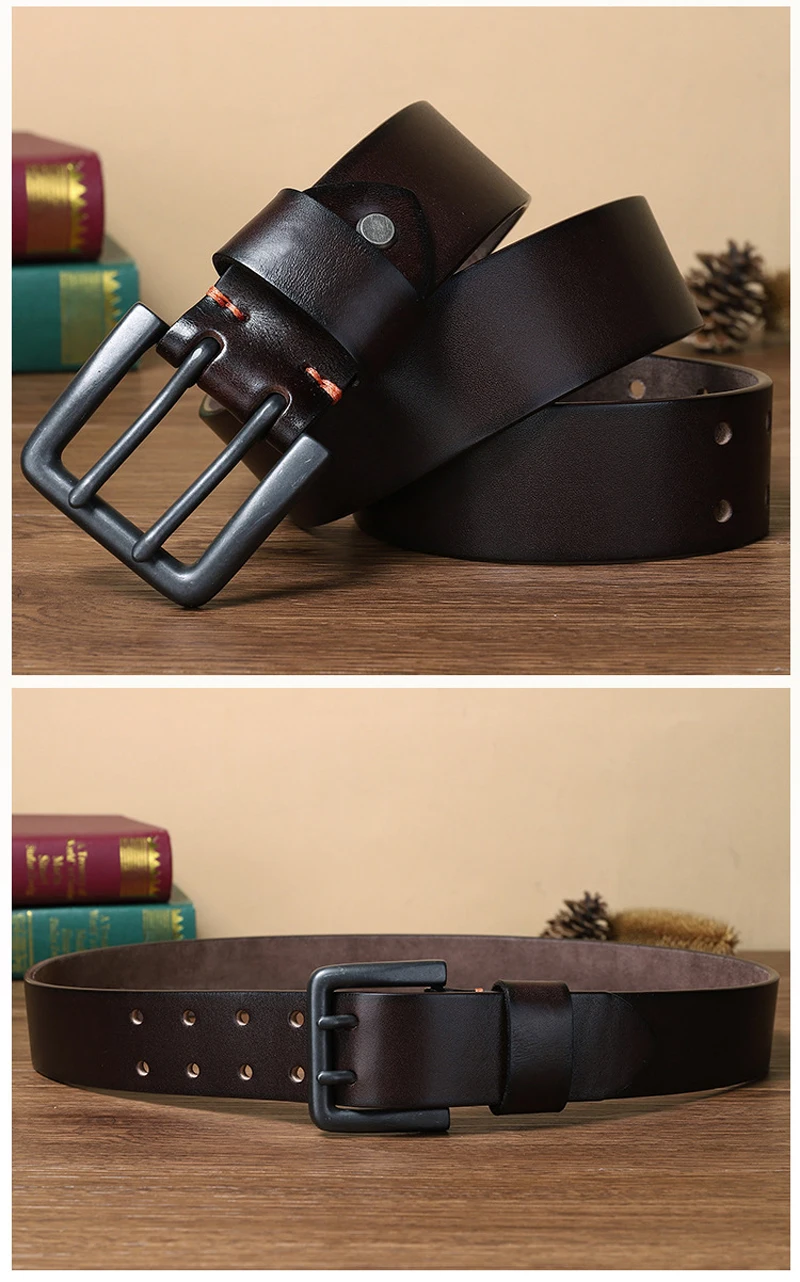 Cowskin Mens Belt Vintage Genuine Leather Jeans Belt Strap Double Pin Buckle Designer Belts for Men Male Gift 4.3cm Width Blue