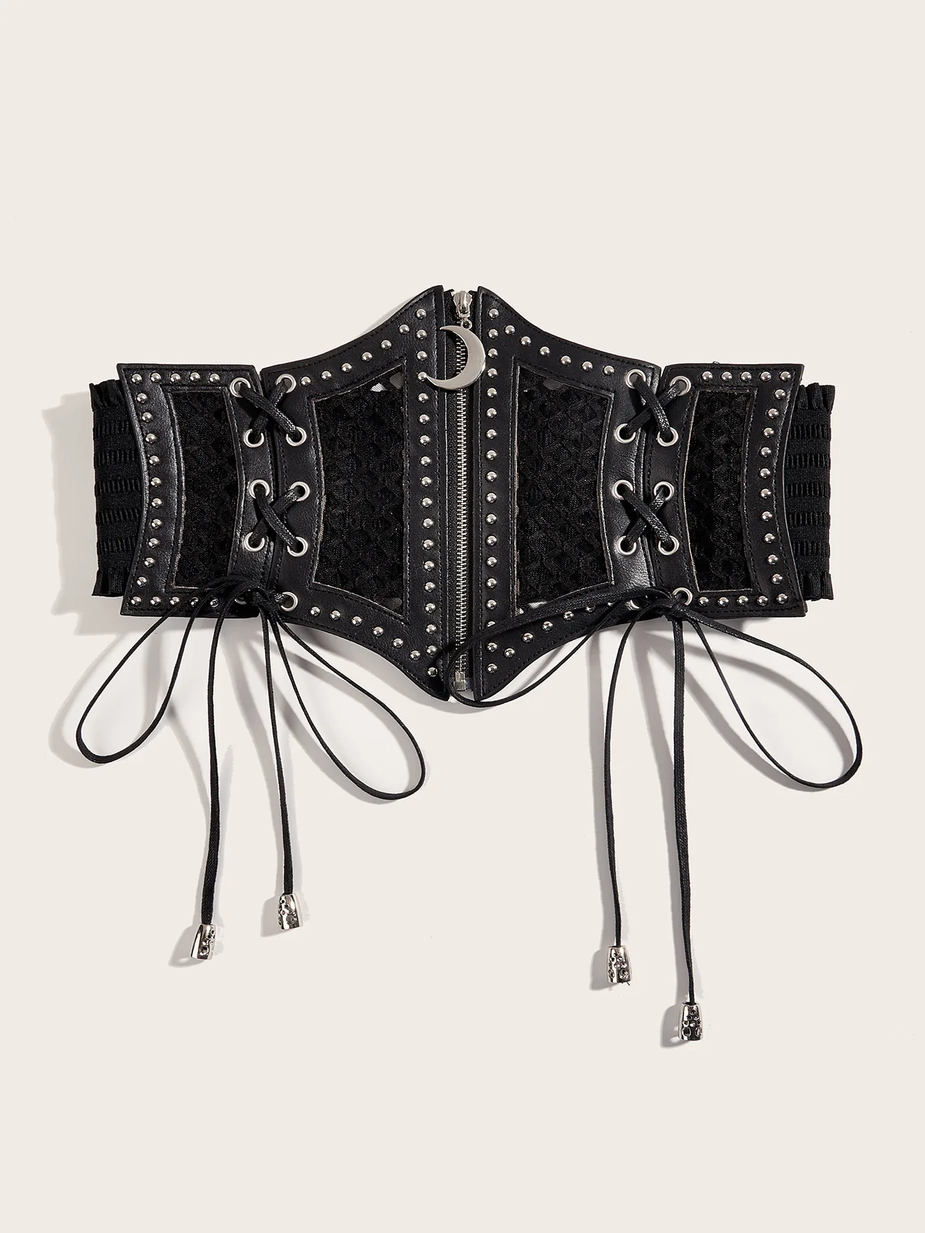 Retro Punk Lace Up Rivet Cummerbunds Waistband High Waist Hollow Corset Belts Black PU Leather Elastic Wide Waist Belt