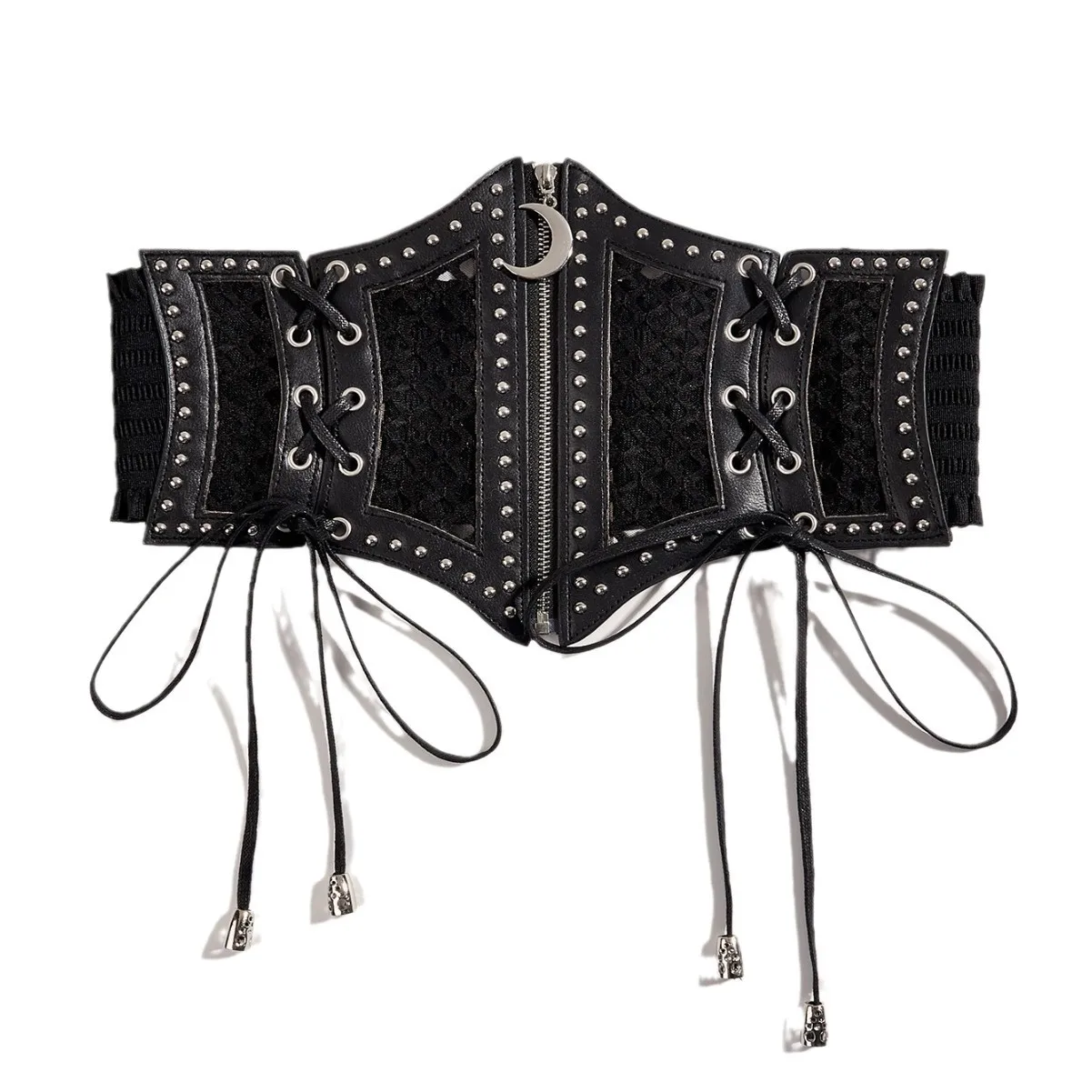 Retro Punk Lace Up Rivet Cummerbunds Waistband High Waist Hollow Corset Belts Black PU Leather Elastic Wide Waist Belt