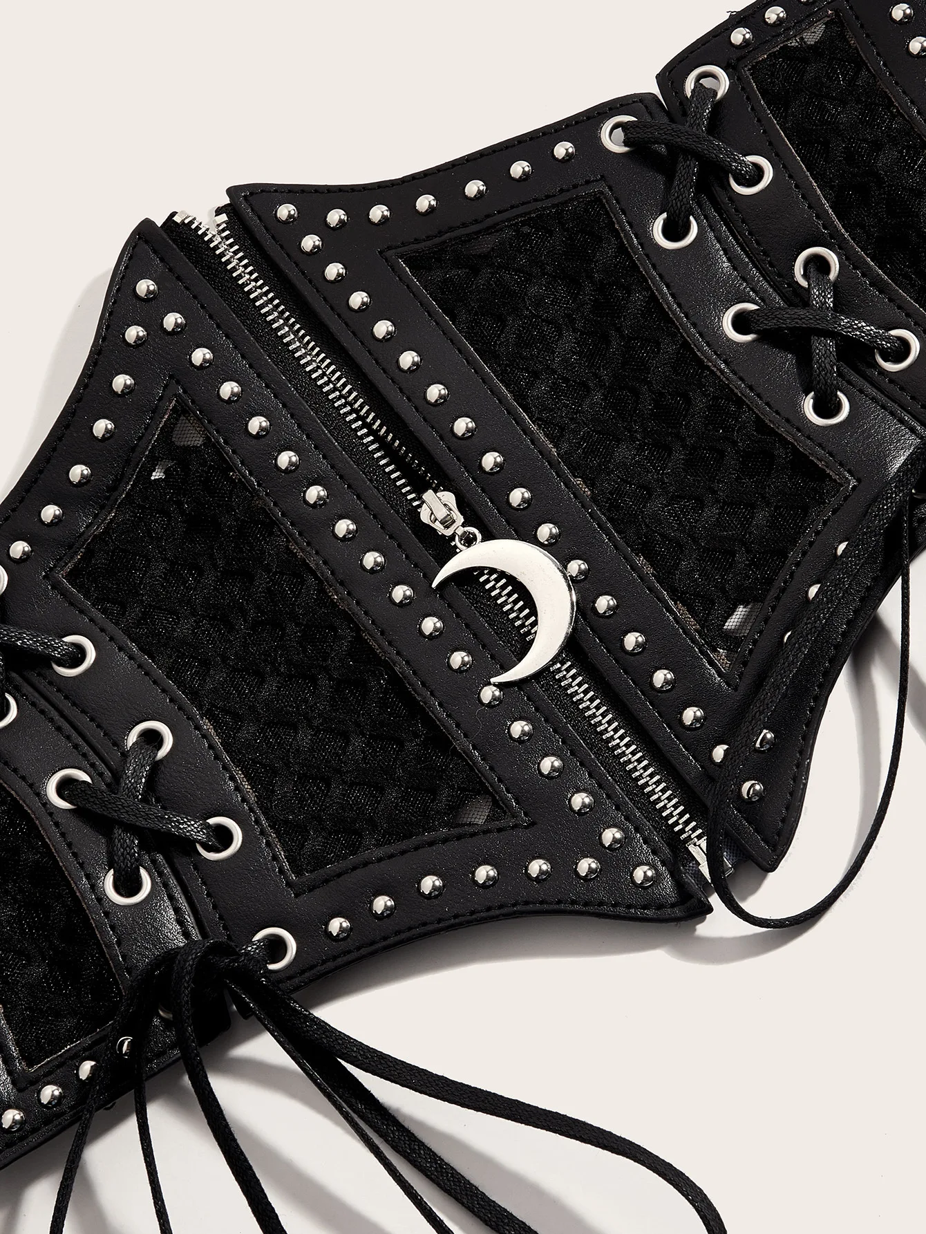 Retro Punk Lace Up Rivet Cummerbunds Waistband High Waist Hollow Corset Belts Black PU Leather Elastic Wide Waist Belt