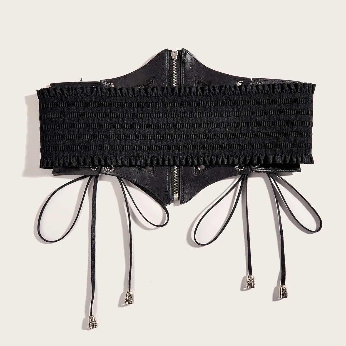 Retro Punk Lace Up Rivet Cummerbunds Waistband High Waist Hollow Corset Belts Black PU Leather Elastic Wide Waist Belt