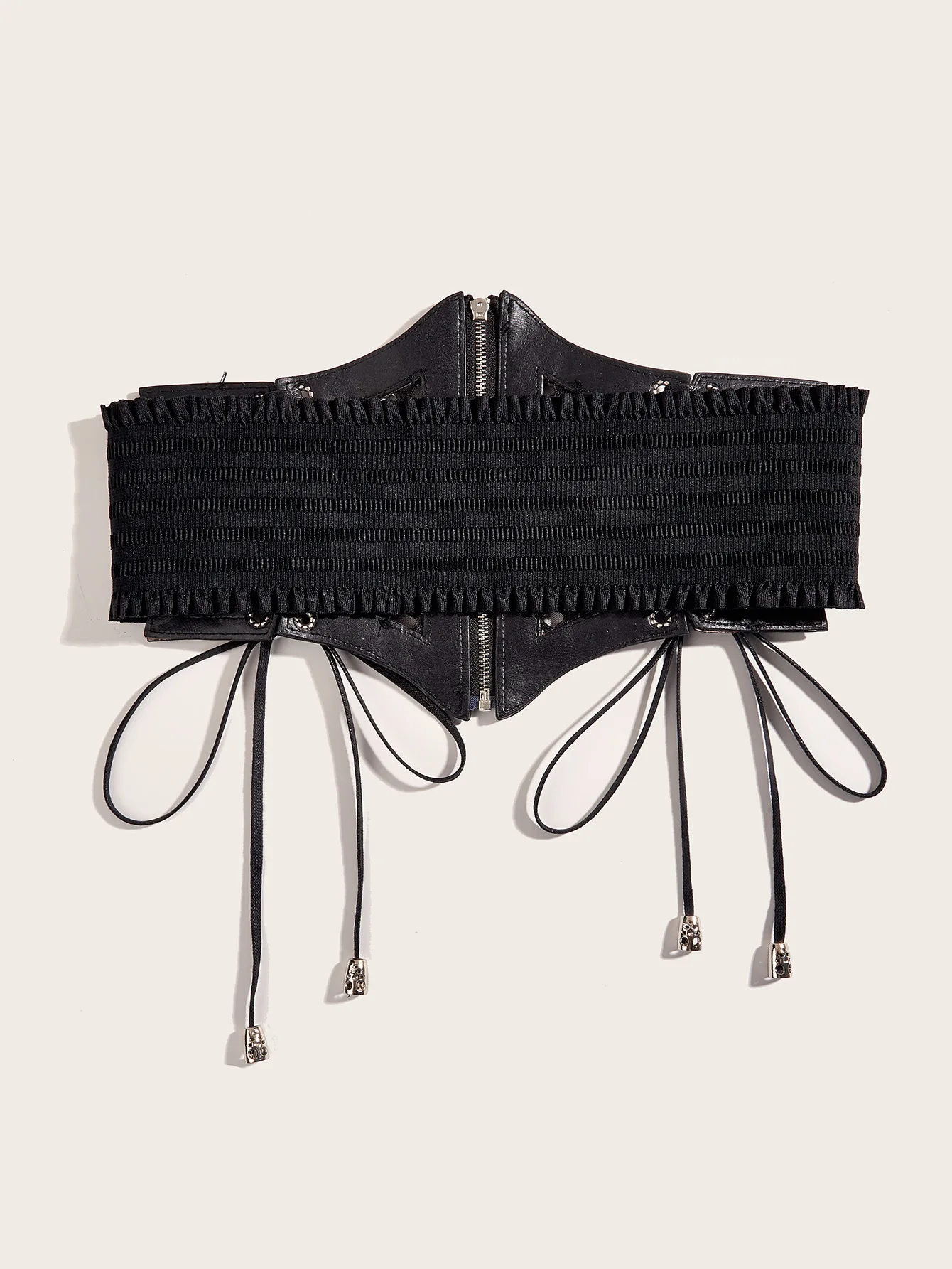 Retro Punk Lace Up Rivet Cummerbunds Waistband High Waist Hollow Corset Belts Black PU Leather Elastic Wide Waist Belt