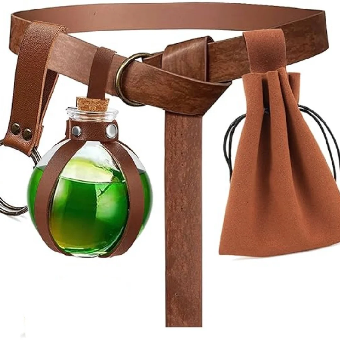 Medieval Belt, Glass Magic Bottle with Bottle Cover, Copper Coin Waist Bag Set, Halloween Costume Belt Prop