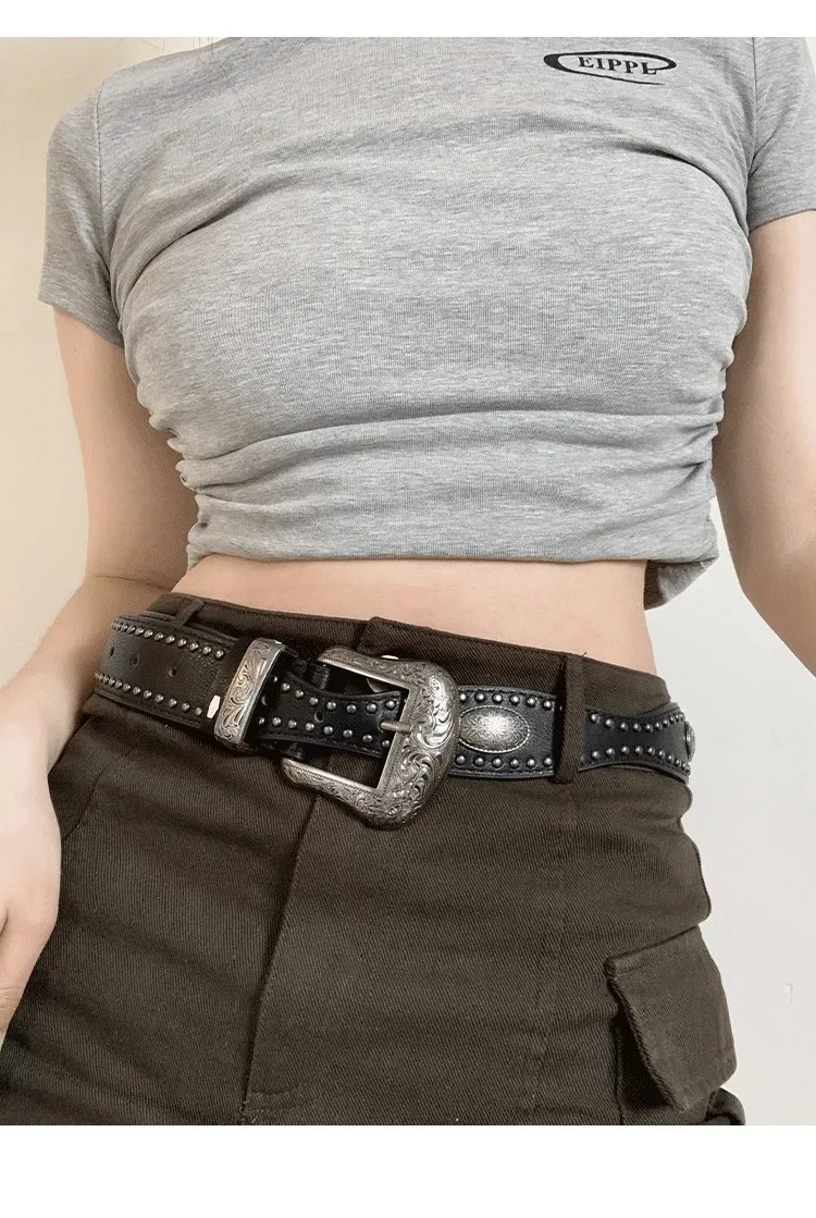 3.8x115cm PU Vintage Waistband Adjustable Alloy Black Y2K Belt Waist Seal Wide Strap Buckle Cool Black Rivet Belt