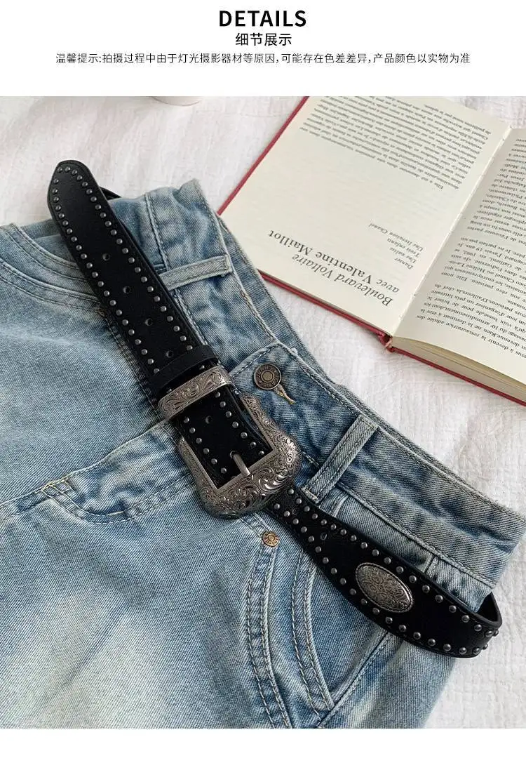 3.8x115cm PU Vintage Waistband Adjustable Alloy Black Y2K Belt Waist Seal Wide Strap Buckle Cool Black Rivet Belt