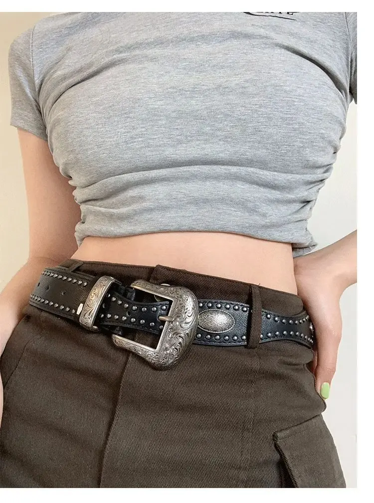 3.8x115cm PU Vintage Waistband Adjustable Alloy Black Y2K Belt Waist Seal Wide Strap Buckle Cool Black Rivet Belt