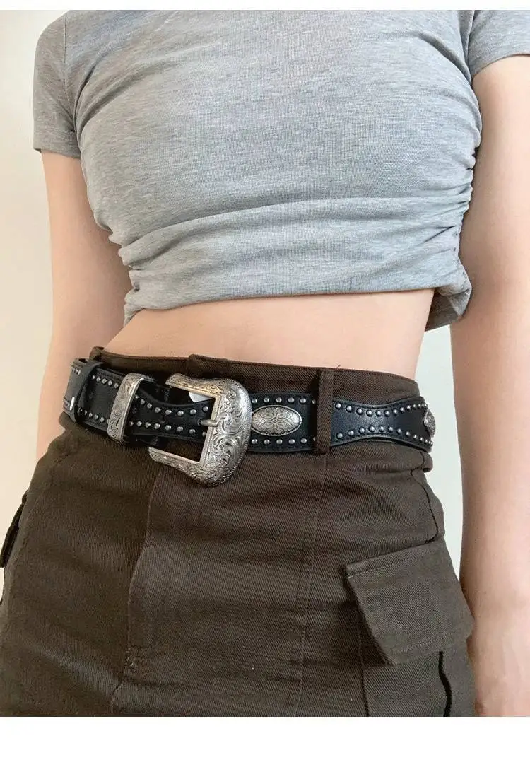 3.8x115cm PU Vintage Waistband Adjustable Alloy Black Y2K Belt Waist Seal Wide Strap Buckle Cool Black Rivet Belt