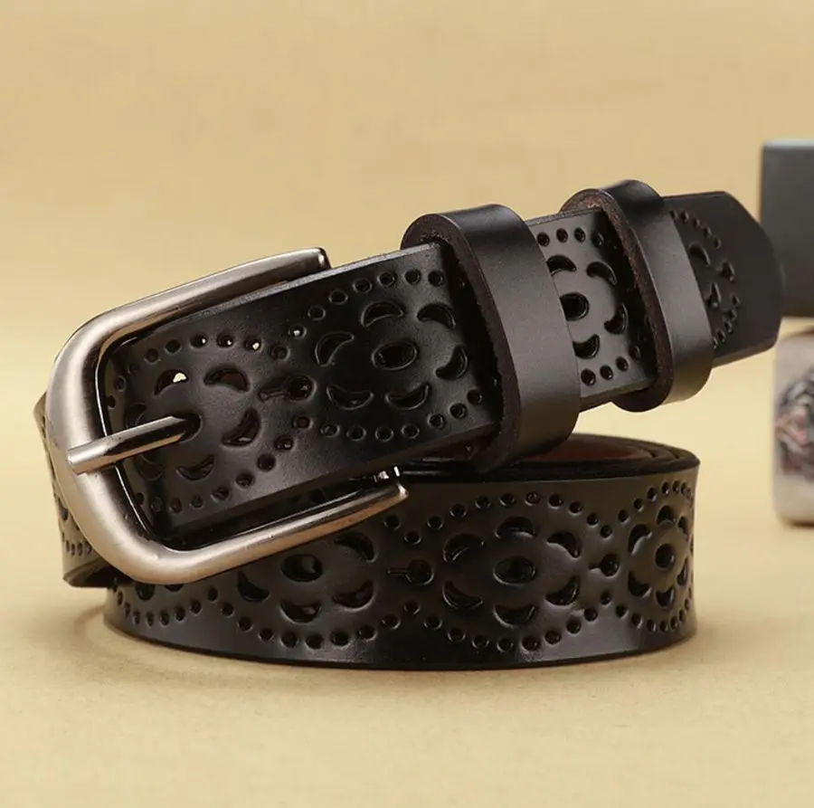 Women Leather Belt NEW Belt For Women Women's Hollow Flower Genuine Cowhide Leather Belt With Alloy Buckle Width:2.8cm,95-110cm