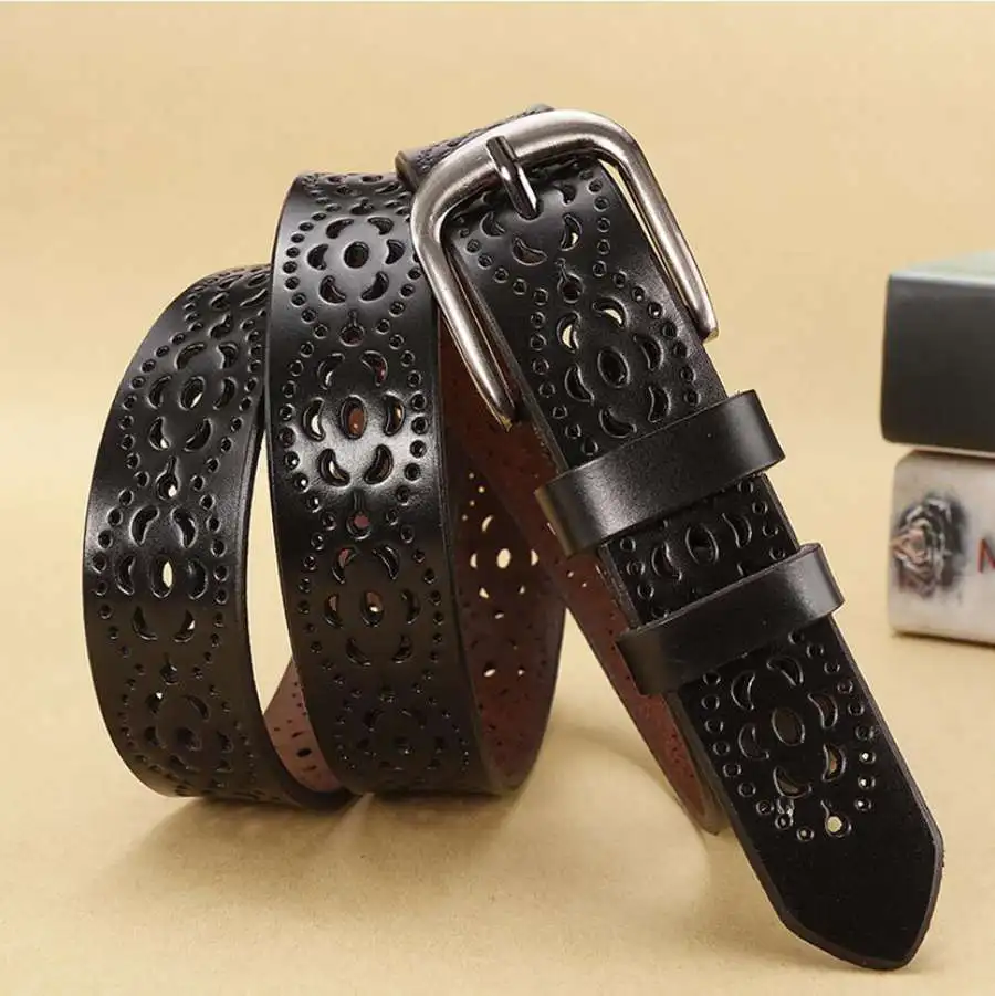 Women Leather Belt NEW Belt For Women Women's Hollow Flower Genuine Cowhide Leather Belt With Alloy Buckle Width:2.8cm,95-110cm
