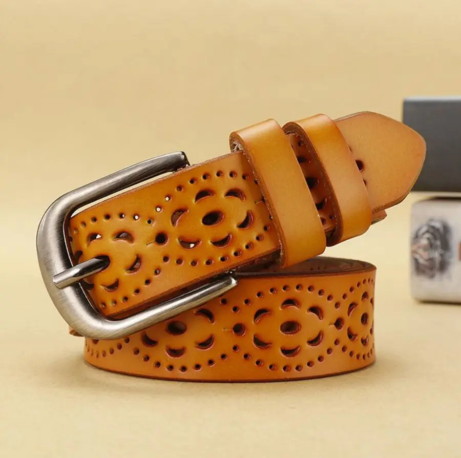 Women Leather Belt NEW Belt For Women Women's Hollow Flower Genuine Cowhide Leather Belt With Alloy Buckle Width:2.8cm,95-110cm