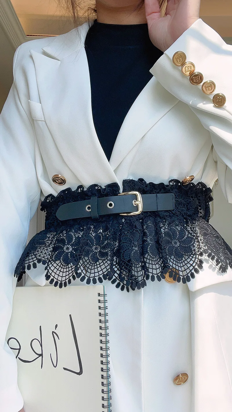 Elegant Women Black Lace Belts Elastic Adjustable Waistband Pin Buckle Cummerbund Dress Shirts Coat Decoration Belt