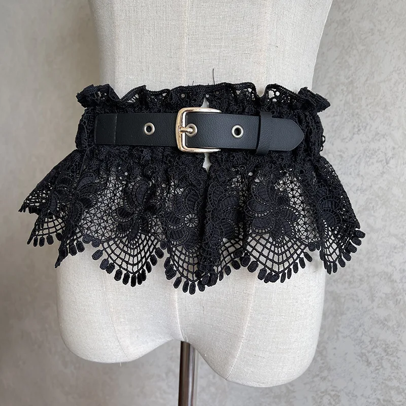 Elegant Women Black Lace Belts Elastic Adjustable Waistband Pin Buckle Cummerbund Dress Shirts Coat Decoration Belt