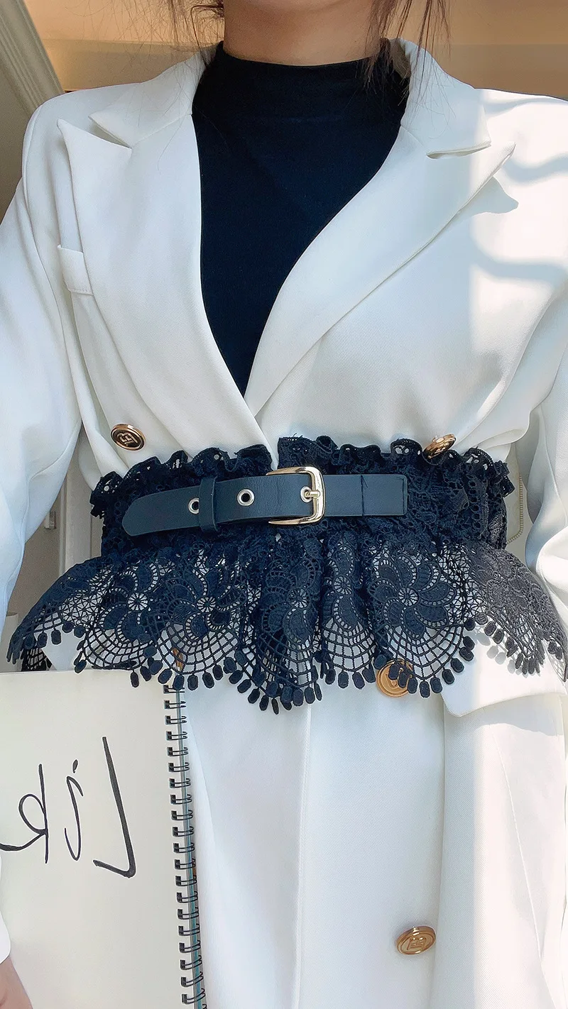 Elegant Women Black Lace Belts Elastic Adjustable Waistband Pin Buckle Cummerbund Dress Shirts Coat Decoration Belt