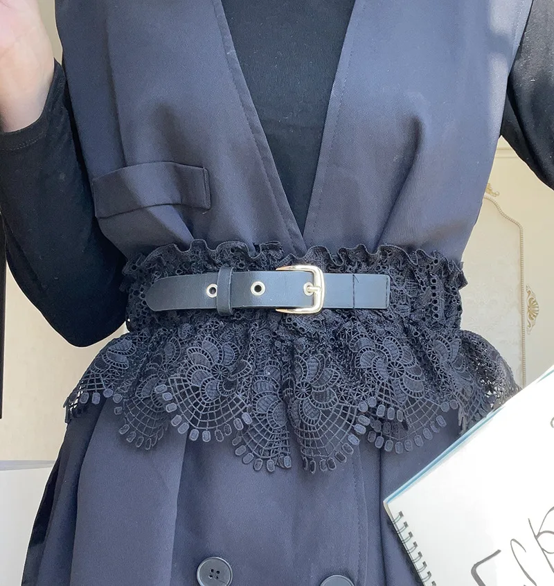 Elegant Women Black Lace Belts Elastic Adjustable Waistband Pin Buckle Cummerbund Dress Shirts Coat Decoration Belt
