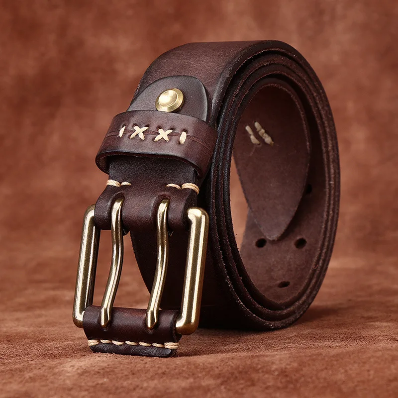 3.8CM Retro Real Genuine Leather Belt Brass Buckle Luxury Designer Belts Men Pure Cowskin Strap Male Cowboy Jeans Belt for Man