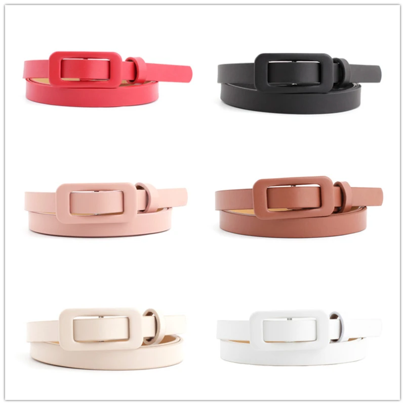 New Square Buckle Without Holes Ladies Black/white/red/pink Pu Leather Fashion Female Fine Thin Belt for Jeans Dress Decoration
