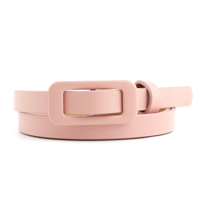 New Square Buckle Without Holes Ladies Black/white/red/pink Pu Leather Fashion Female Fine Thin Belt for Jeans Dress Decoration