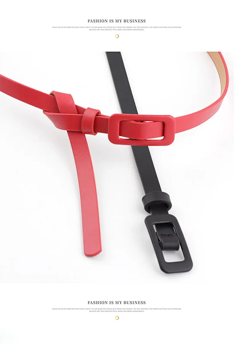 New Square Buckle Without Holes Ladies Black/white/red/pink Pu Leather Fashion Female Fine Thin Belt for Jeans Dress Decoration
