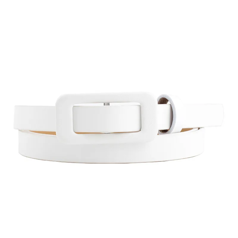 New Square Buckle Without Holes Ladies Black/white/red/pink Pu Leather Fashion Female Fine Thin Belt for Jeans Dress Decoration