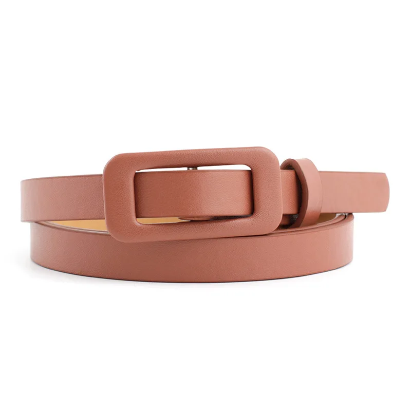 New Square Buckle Without Holes Ladies Black/white/red/pink Pu Leather Fashion Female Fine Thin Belt for Jeans Dress Decoration