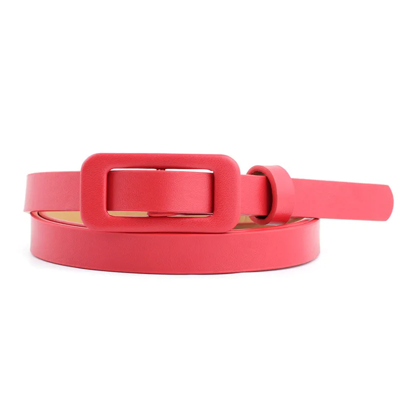 New Square Buckle Without Holes Ladies Black/white/red/pink Pu Leather Fashion Female Fine Thin Belt for Jeans Dress Decoration