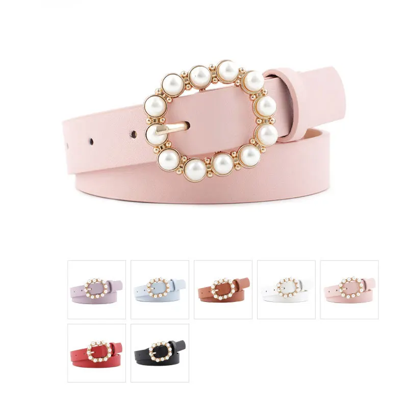 New Ladies Pearl Decorative Belt Fashion Round Pin Buckle Simple Belts Retro Jeans Dress Waistband For Head Decoration Button