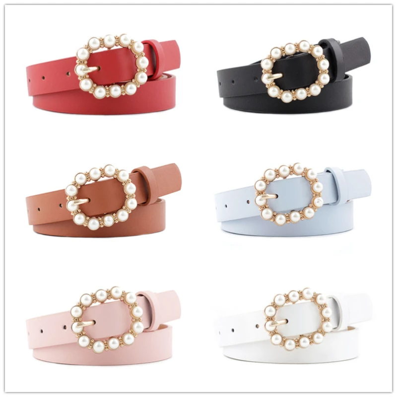 New Ladies Pearl Decorative Belt Fashion Round Pin Buckle Simple Belts Retro Jeans Dress Waistband For Head Decoration Button