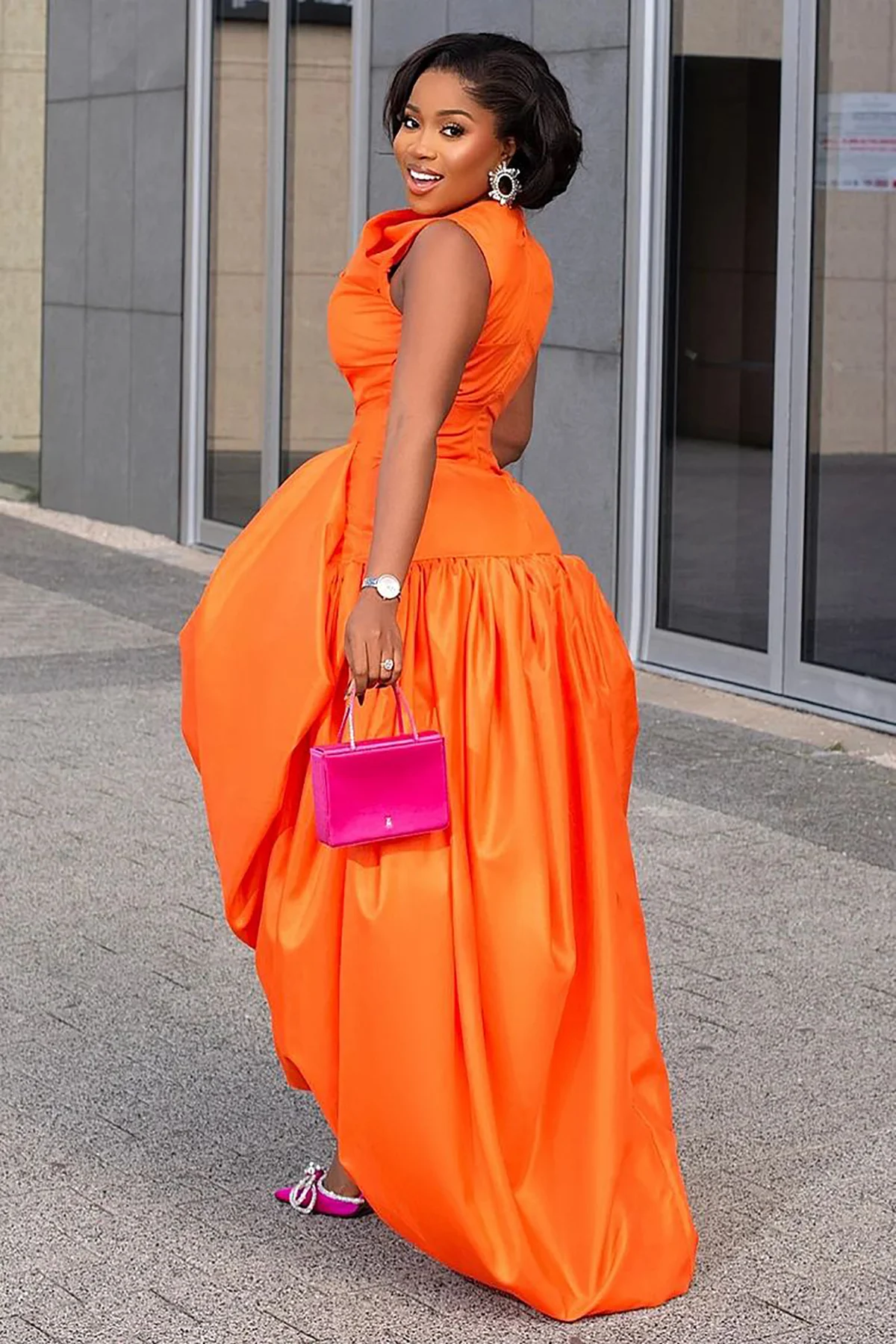 Women's Elegant Cinch Waist Maxi Cocktail Dress Orange Crew Neck Sleeveless Slim Fit Chic Dinner Club Party Evening Long Dresses